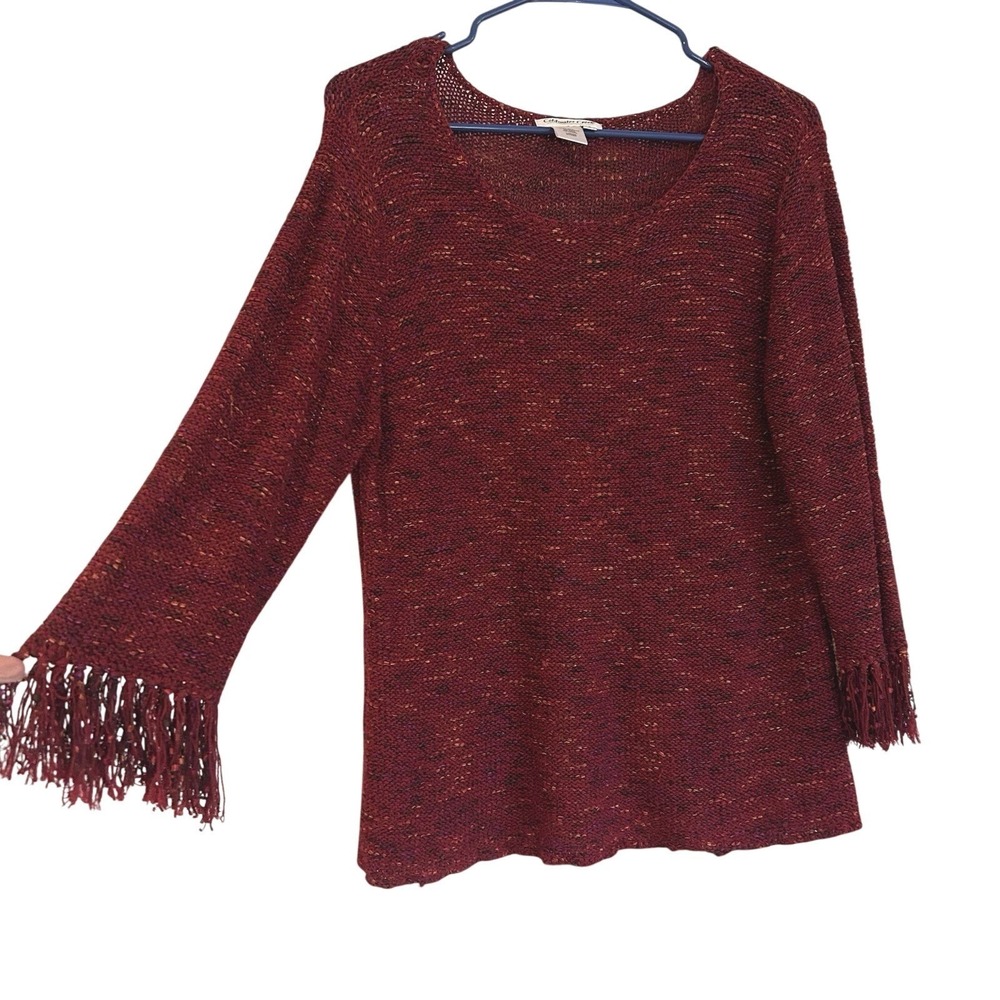 Vtg Coldwater Creek Sweater Sz L Flecked Fringe Boho Fall Red